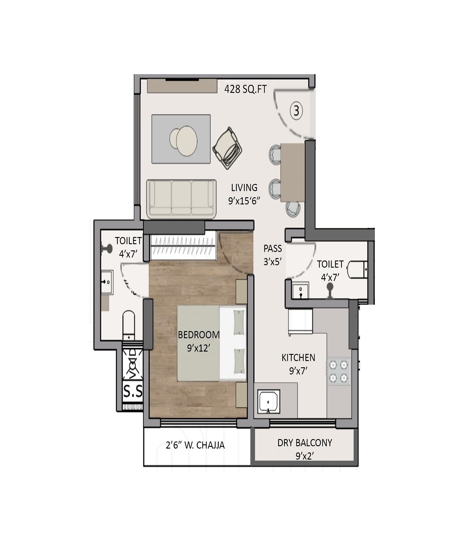 Floor plan of 1 BHK 428 Sq. Ft. Apartment in Panom Park Malad, Mumbai