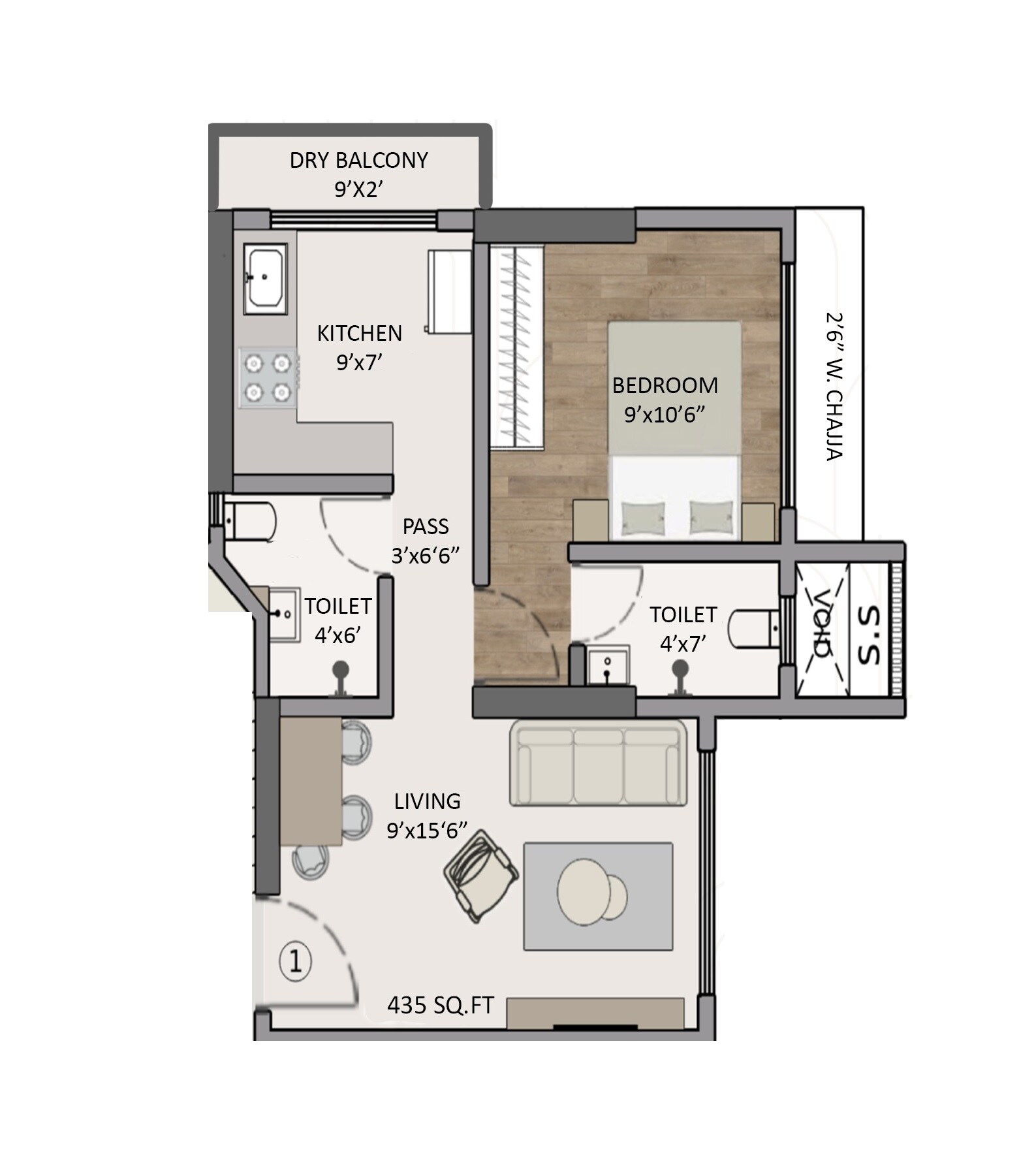 Floor plan of 1 BHK 435 Sq. Ft. Apartment in Panom Park Malad, Mumbai
