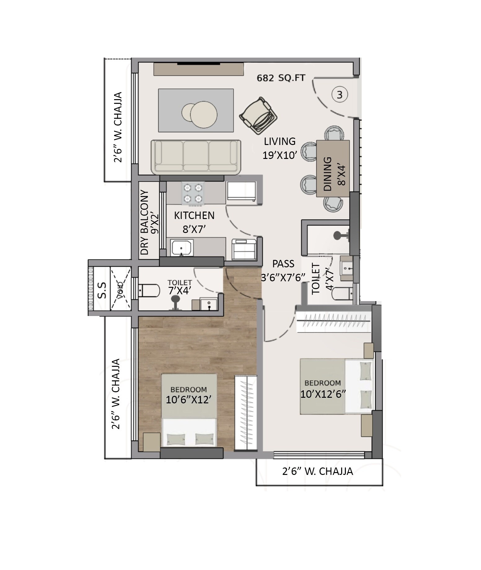 Floor plan of 2 BHK 682 Sq. Ft. Apartment in Panom Park Malad, Mumbai