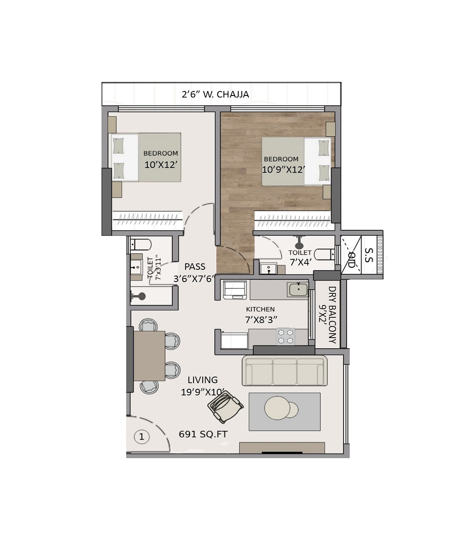 Floor plan of 2 BHK 691 Sq. Ft. Apartment in Panom Park Malad, Mumbai