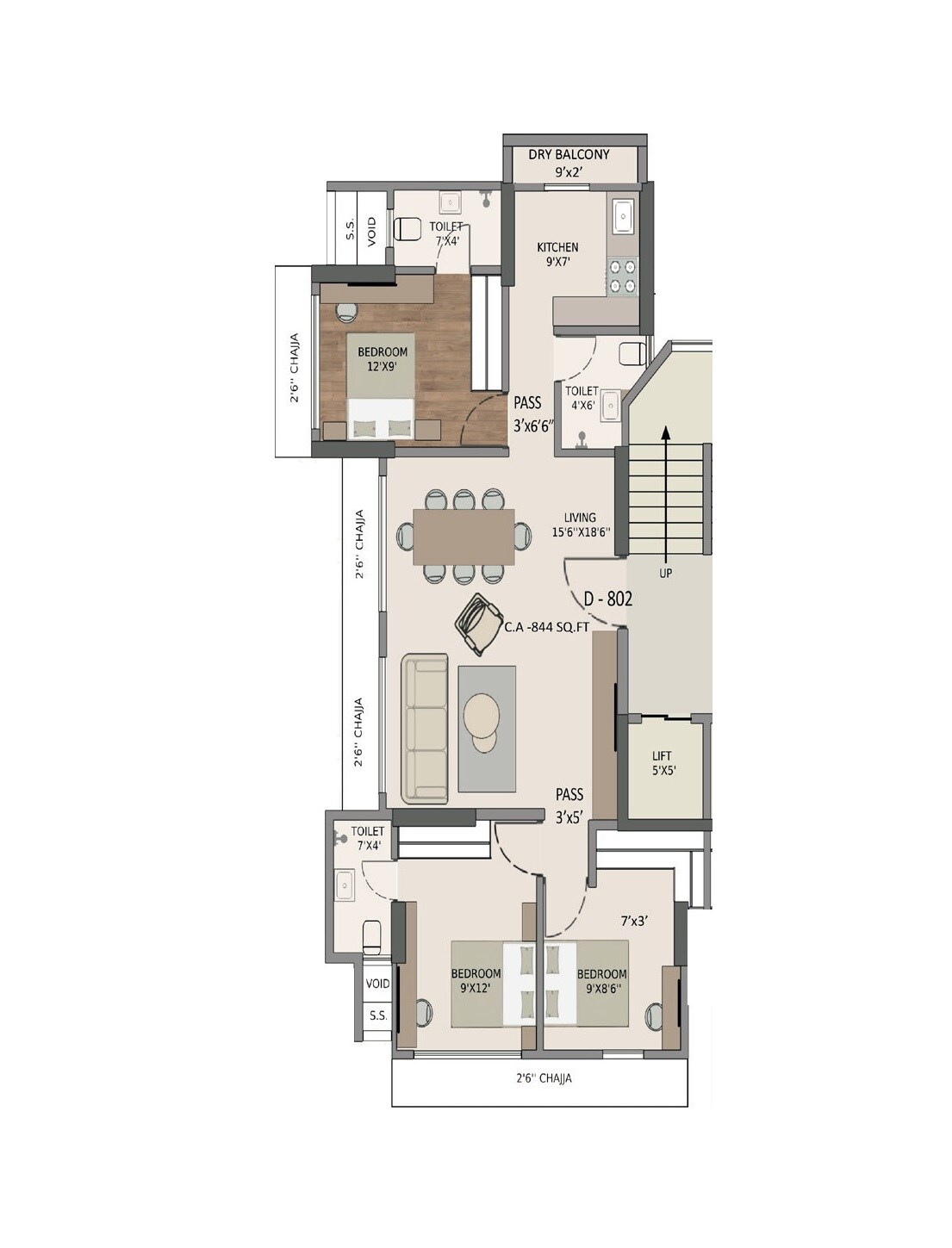 Floor plan of 3 BHK 844 Sq. Ft. Apartment in Panom Park Malad, Mumbai