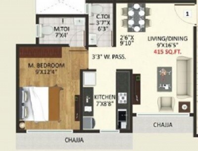 Floor plan of 1 BHK 411 Sq. Ft. Apartment in Panom Park Phase 3, Mumbai
