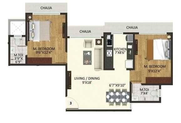 Floor plan of 2 BHK 492 Sq. Ft. Apartment in Panom Park Phase 3, Mumbai