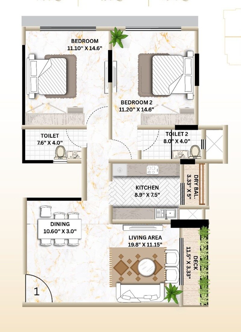 Floor plan of 2 BHK 648 Sq. Ft. Apartment in Pantheion Luminaara, Mumbai