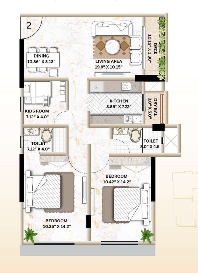 Floor plan of 2 BHK 804 Sq. Ft. Apartment in Pantheion Luminaara, Mumbai