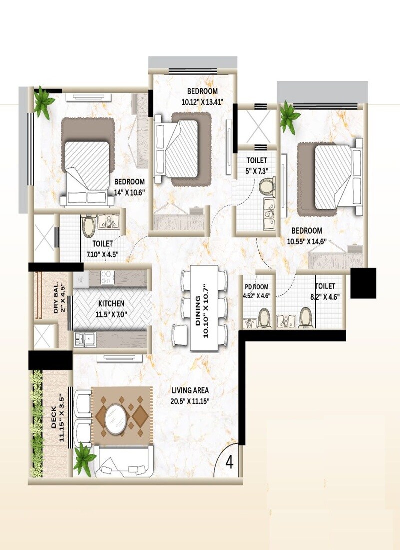 Floor plan of 3 BHK 1094 Sq. Ft. Apartment in Pantheion Luminaara, Mumbai
