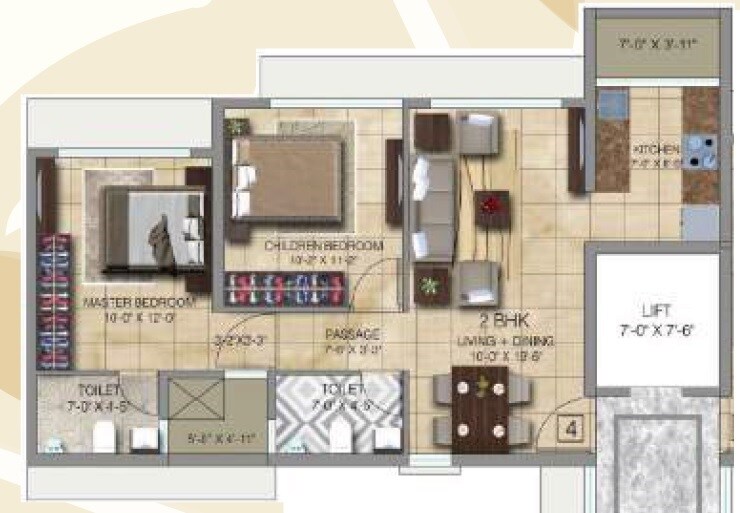 Floor plan of 2 BHK 675 Sq. Ft. Apartment in Paradigm Ananda Residency, Mumbai