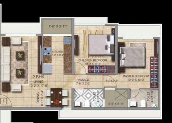 Floor plan of 2 BHK 671 Sq. Ft. Apartment in Paradigm Ananda Residency, Mumbai