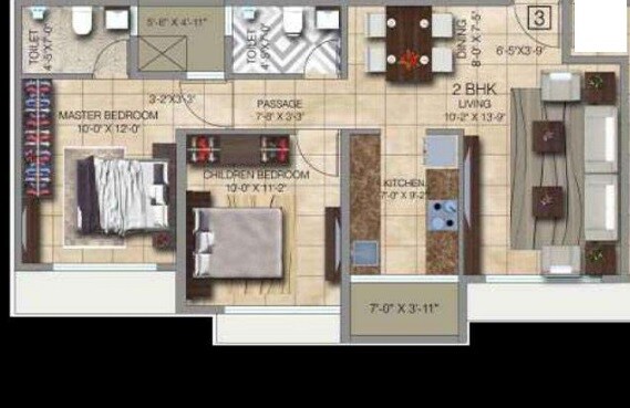 Floor plan of 3 BHK 1051 Sq. Ft. Apartment in Paradigm Ananda Residency, Mumbai