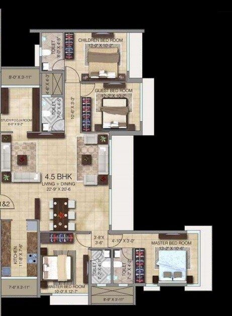 Floor plan of 4 BHK 1371 Sq. Ft. Apartment in Paradigm Ananda Residency, Mumbai