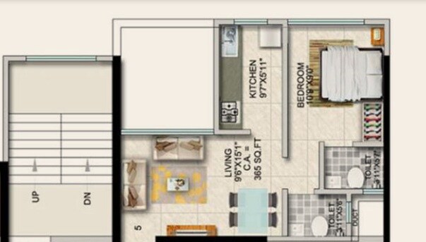 Floor plan of 1 BHK 373 Sq. Ft. Apartment in Paradigm Ariana Residency, Mumbai