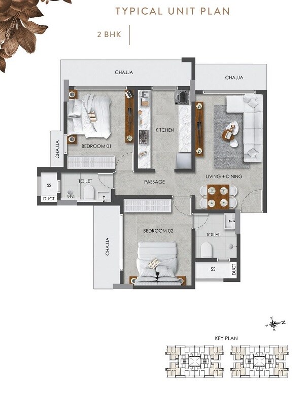 Floor plan of 2 BHK 676 Sq. Ft. Apartment in Paradigm Artteza, Mumbai