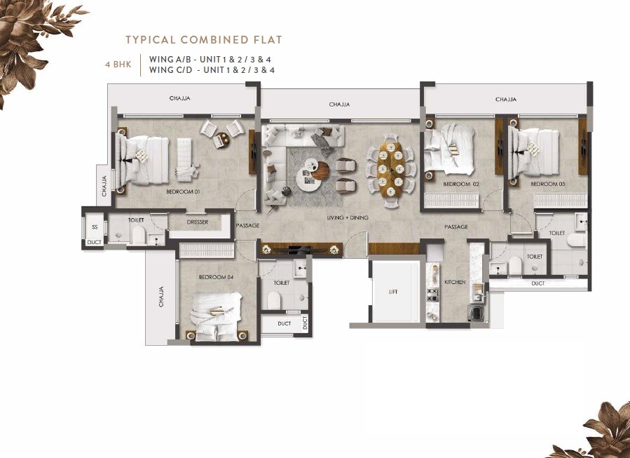 Floor plan of 4 BHK 1350 Sq. Ft. Apartment in Paradigm Artteza, Mumbai
