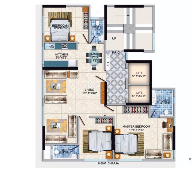 Floor plan of 3 BHK 705 Sq. Ft. Apartment in Paradigm Casa Palazzo, Mumbai