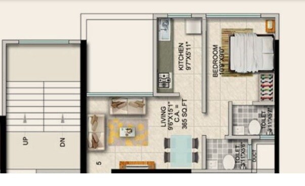 Floor plan of 1 BHK 371 Sq. Ft. Apartment in Paradigm Codename True Value, Mumbai