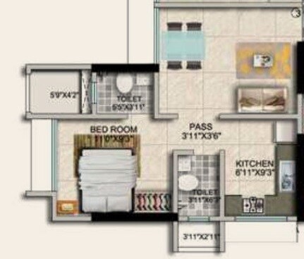 Floor plan of 1 BHK 380 Sq. Ft. Apartment in Paradigm Codename True Value, Mumbai