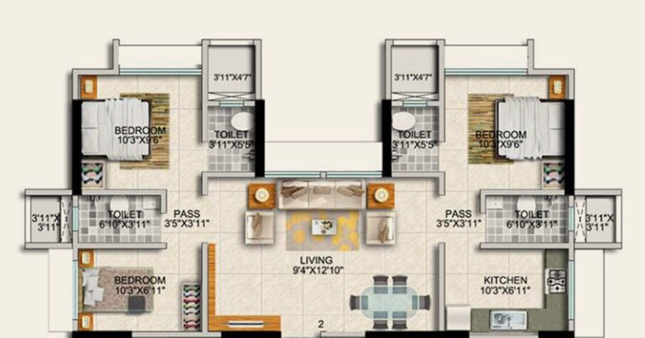 Floor plan of 2 BHK 541 Sq. Ft. Apartment in Paradigm Codename True Value, Mumbai