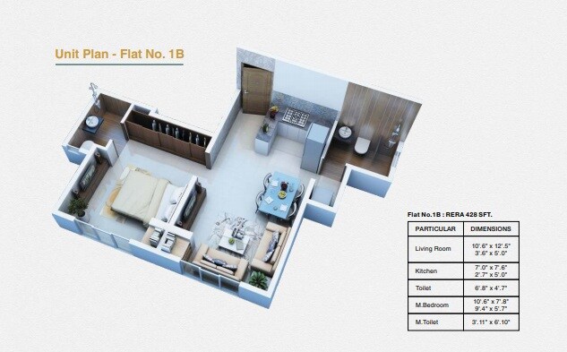 Floor plan of 1 BHK 428 Sq. Ft. Apartment in Paradigm El Signora, Mumbai