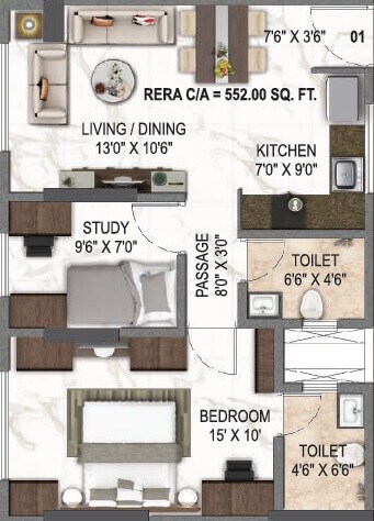 Floor plan of 1 BHK 552 Sq. Ft. Apartment in Paradigm El Signora, Mumbai