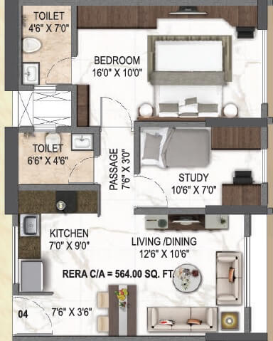 Floor plan of 1 BHK 573 Sq. Ft. Apartment in Paradigm El Signora, Mumbai