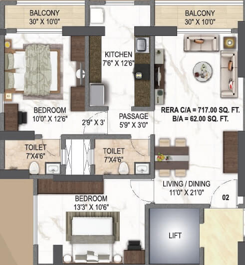 Floor plan of 2 BHK 766 Sq. Ft. Apartment in Paradigm El Signora, Mumbai