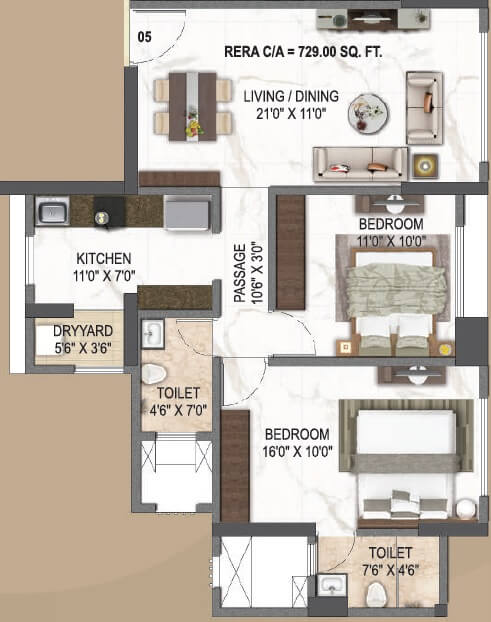 Floor plan of 2 BHK 729 Sq. Ft. Apartment in Paradigm El Signora, Mumbai