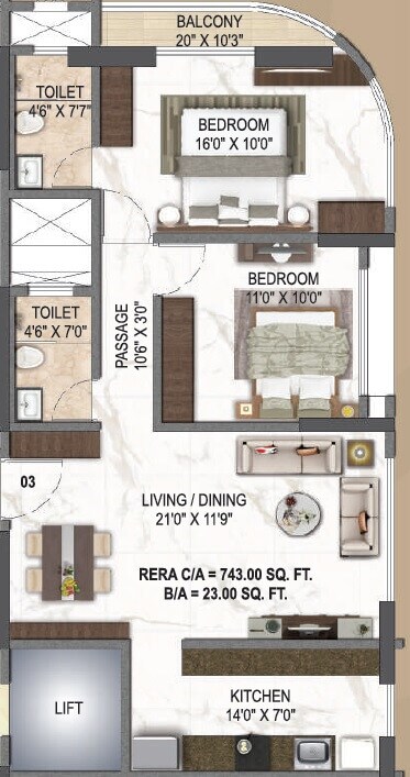 Floor plan of 2 BHK 779 Sq. Ft. Apartment in Paradigm El Signora, Mumbai