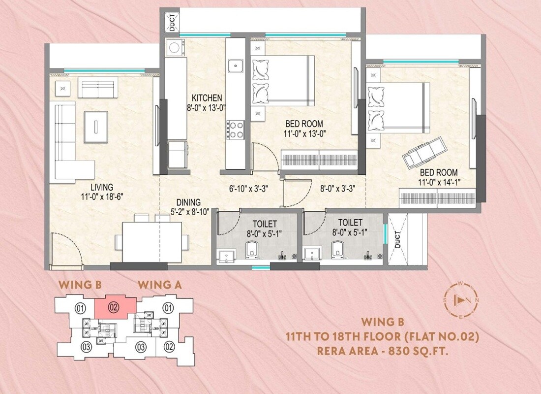 Floor plan of 2 BHK 830 Sq. Ft. Apartment in Paradigm Jai Dena CHS, Mumbai