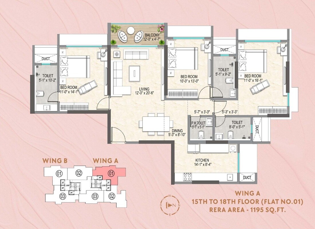 Floor plan of 3 BHK 1195 Sq. Ft. Apartment in Paradigm Jai Dena CHS, Mumbai