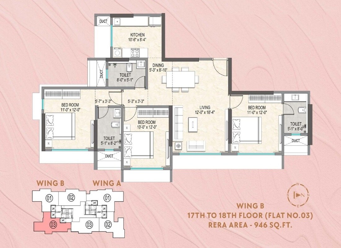 Floor plan of 3 BHK 946 Sq. Ft. Apartment in Paradigm Jai Dena CHS, Mumbai