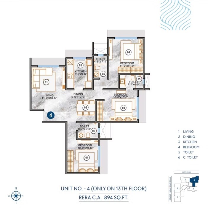 Floor plan of 2 BHK 894 Sq. Ft. Apartment in Paradigm Shivalaya, Mumbai