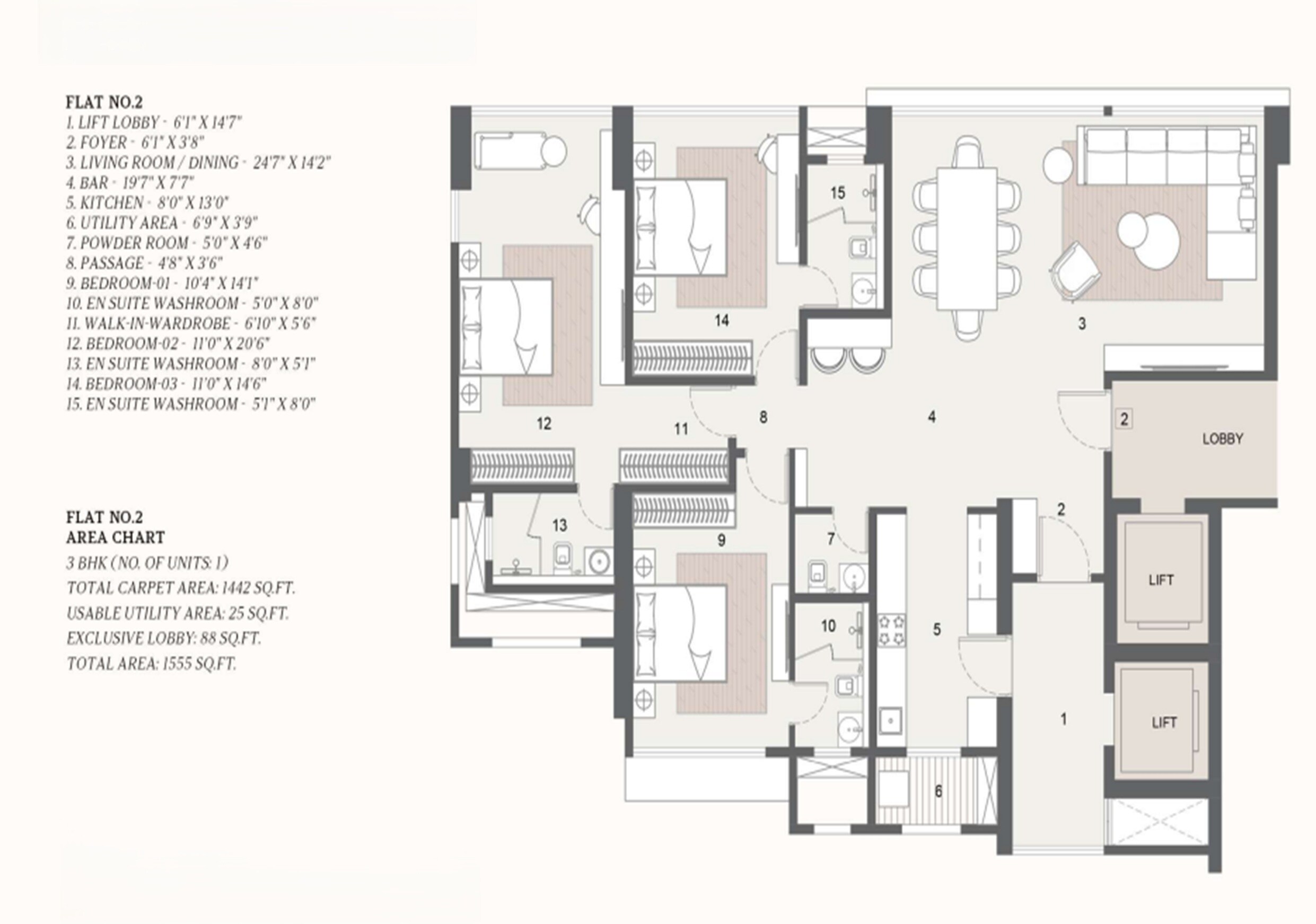 3 BHK 1555 Sq. Ft. Apartment