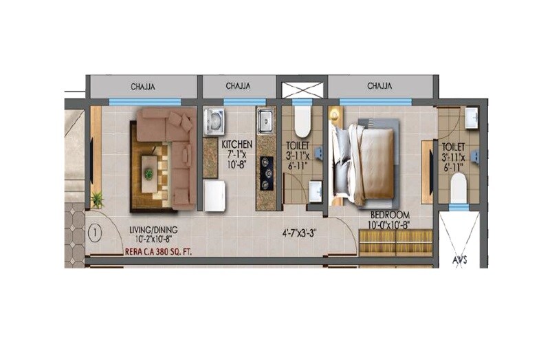 Floor plan of 1 BHK Apartment - 380 sq. ft. in Param Preesha Paradise, Mumbai