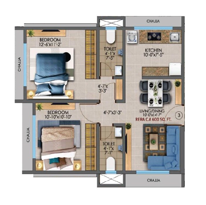 2 BHK 600 Sq. Ft. Apartment