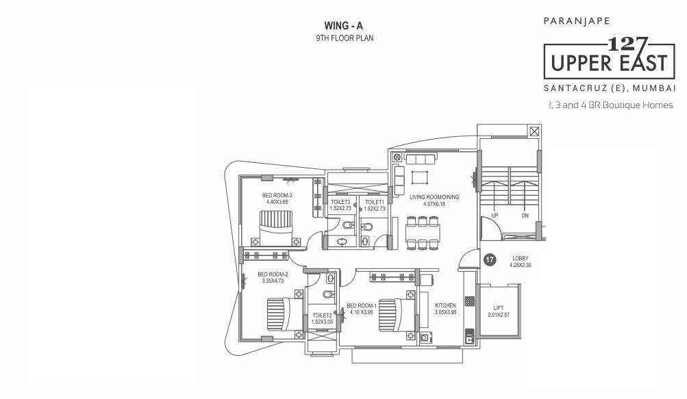 Floor plan of 3 BHK 1140 Sq. Ft. Apartment in Paranjape 127 Upper East, Mumbai