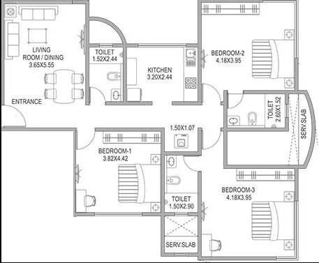 Floor plan of 3 BHK 1192 Sq. Ft. Apartment in Paranjape 127 Upper East, Mumbai