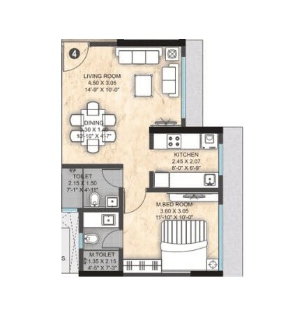 Floor plan of 1 BHK 446 Sq. Ft. Apartment in Paranjape Athena, Mumbai