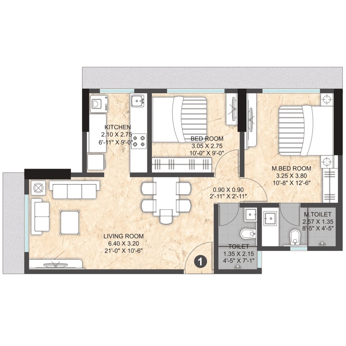 Floor plan of 2 BHK 639 Sq. Ft. Apartment in Paranjape Athena, Mumbai