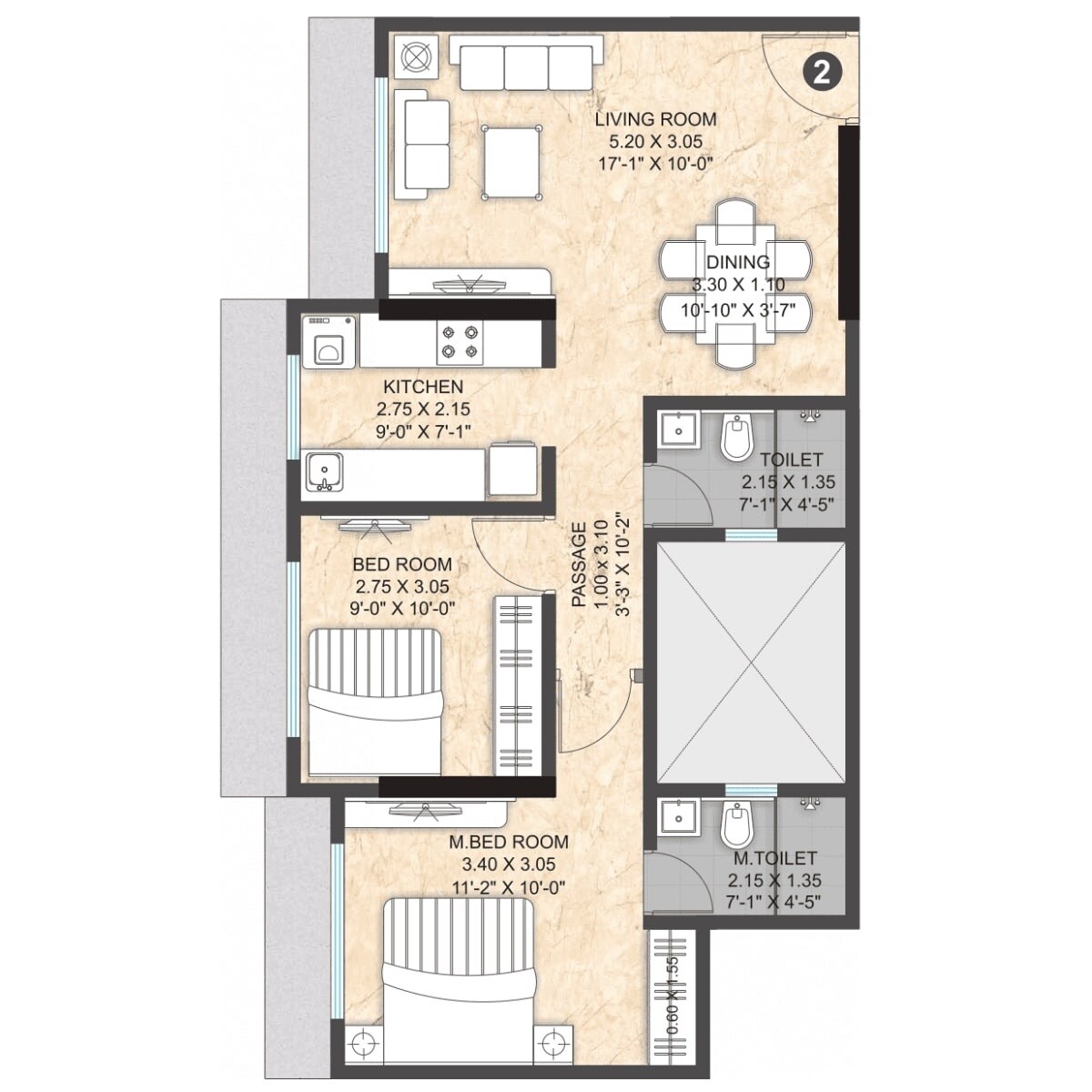 Floor plan of 2 BHK 688 Sq. Ft. Apartment in Paranjape Athena, Mumbai
