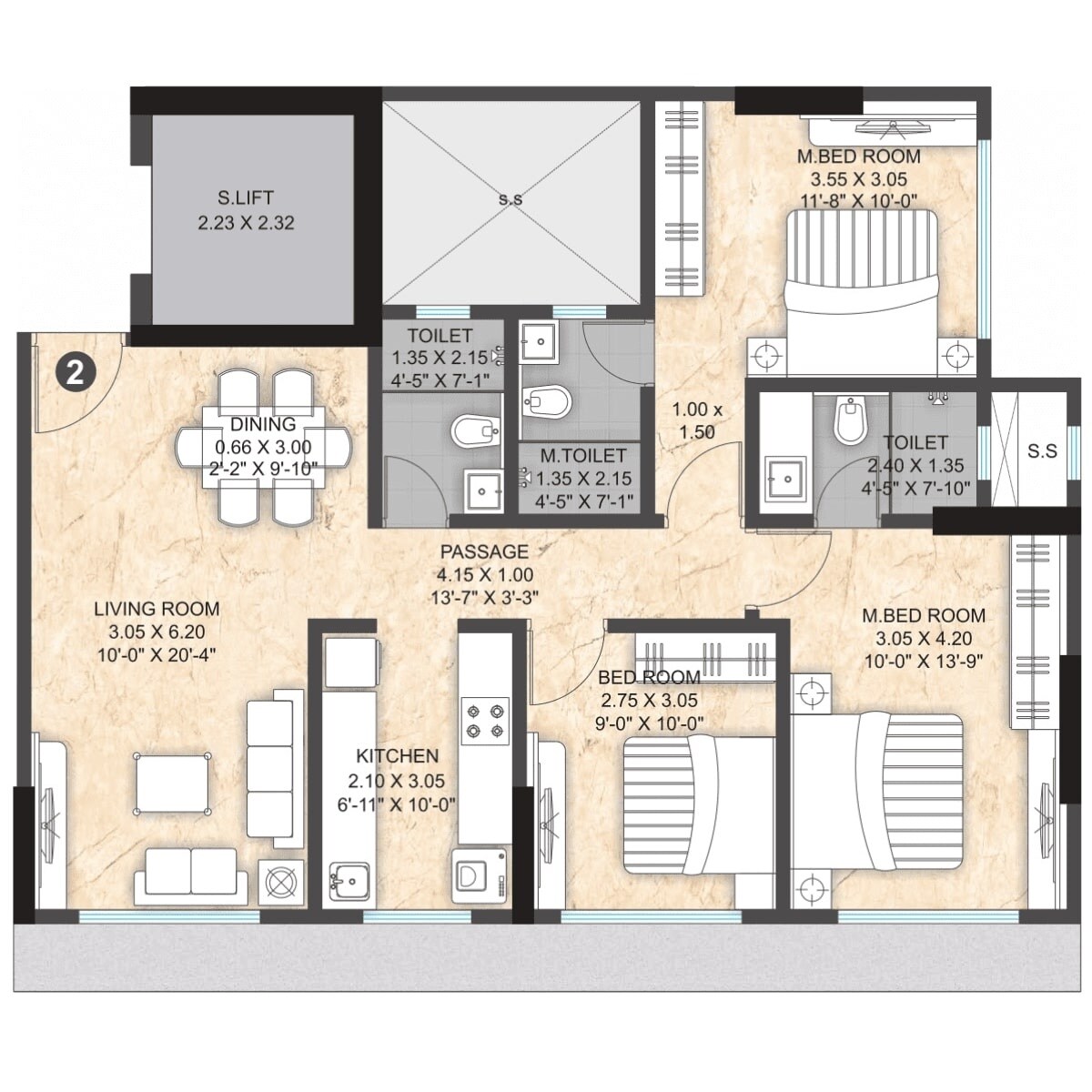 Floor plan of 3 BHK 854 Sq. Ft. Apartment in Paranjape Athena, Mumbai