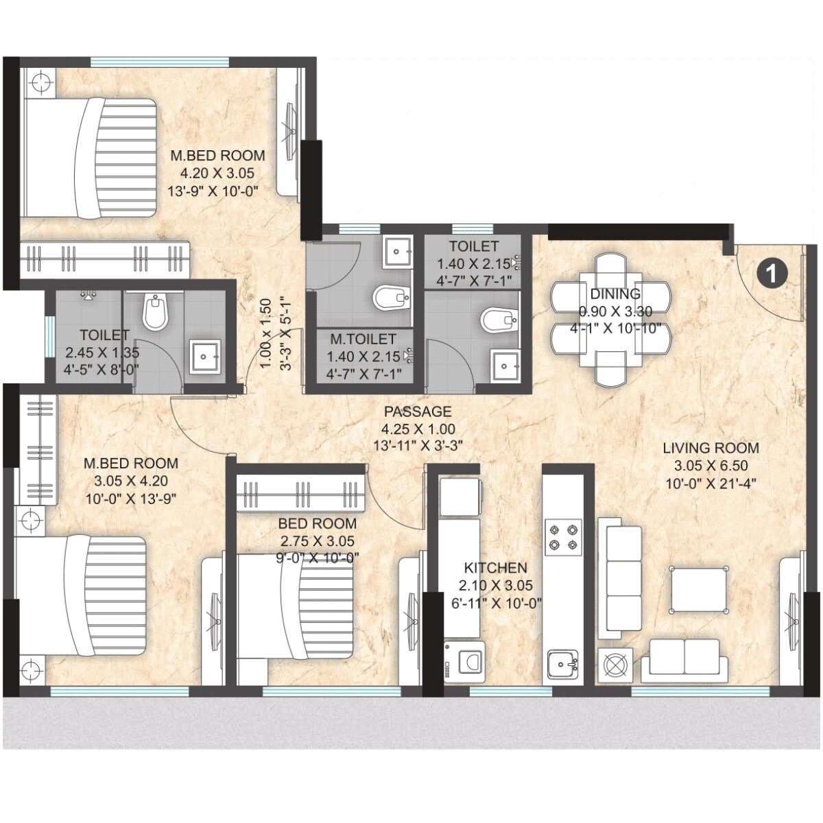 Floor plan of 3 BHK 894 Sq. Ft. Apartment in Paranjape Athena, Mumbai