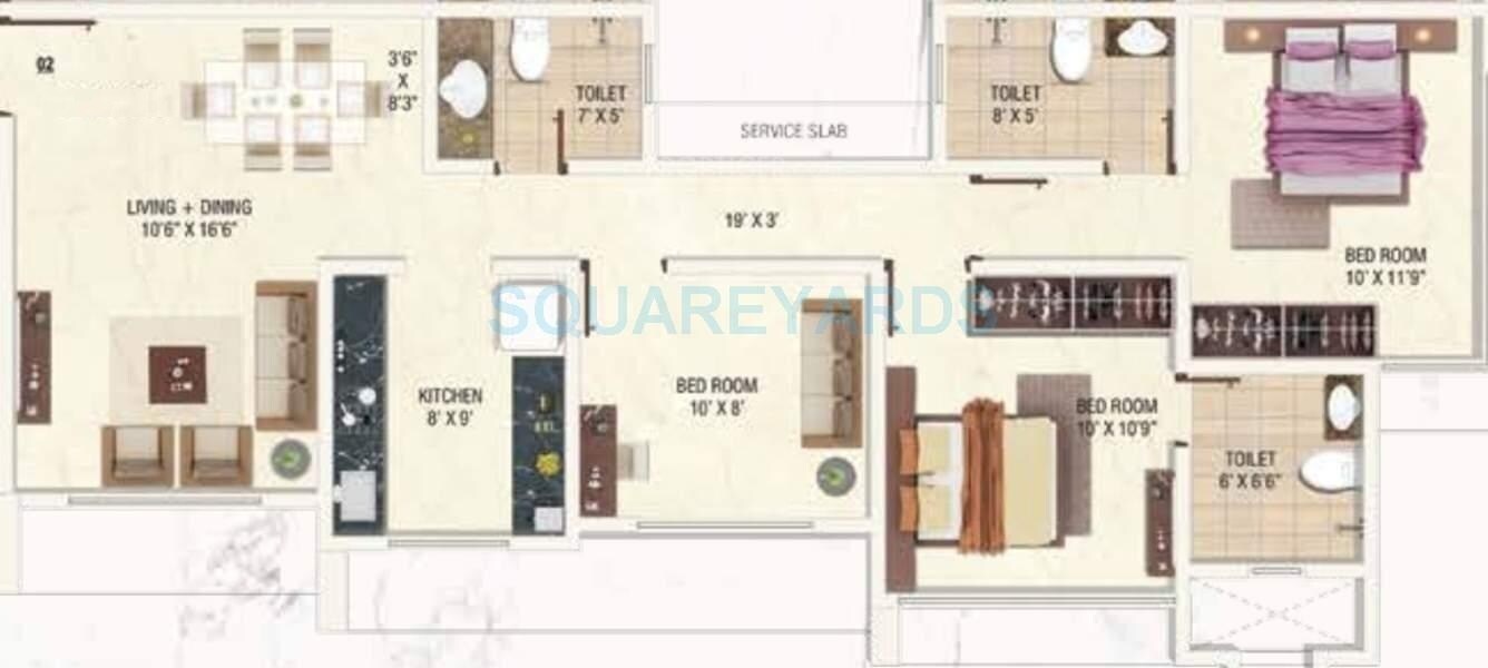 Floor plan of 3 BHK 829 Sq. Ft. Apartment in Paranjape Prayog, Mumbai