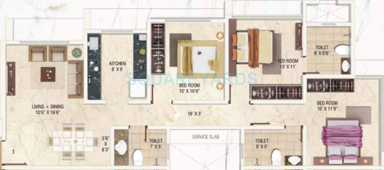 Floor plan of 3 BHK 839 Sq. Ft. Apartment in Paranjape Prayog, Mumbai