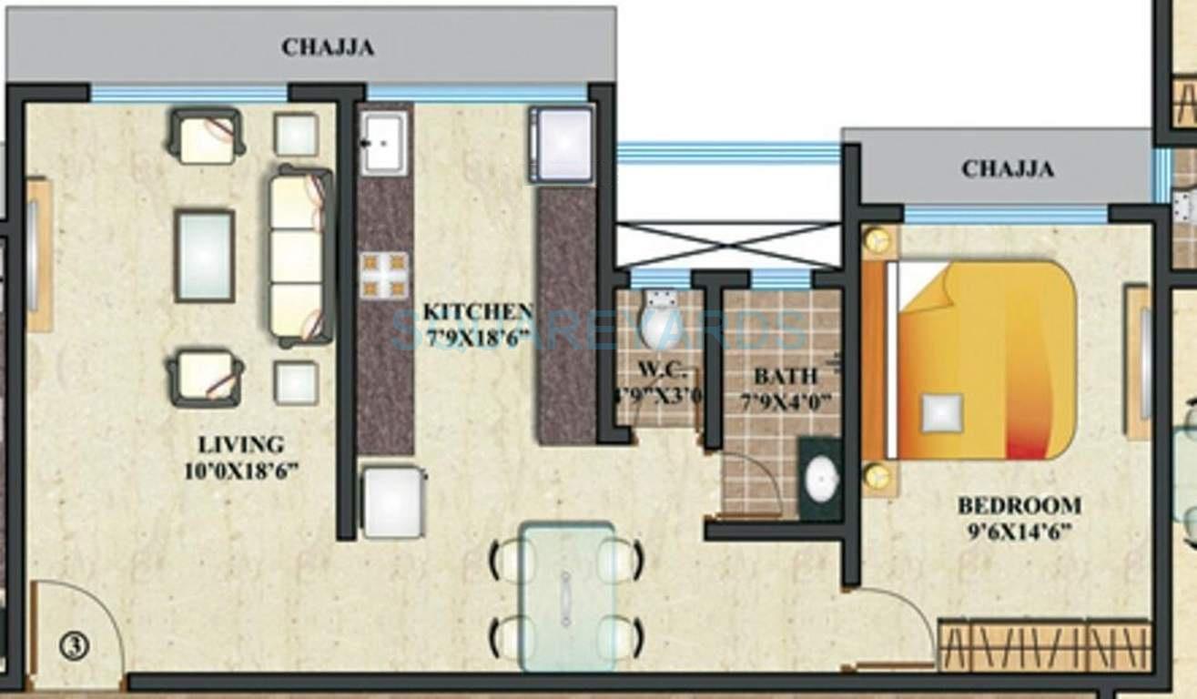 Floor plan of 1 BHK 558 Sq. Ft. Apartment in Paranjape Schemes Geetanjali, Mumbai