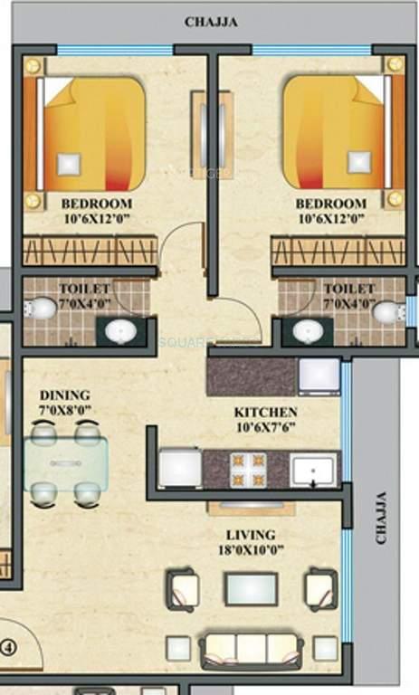 Floor plan of 2 BHK 752 Sq. Ft. Apartment in Paranjape Schemes Geetanjali, Mumbai