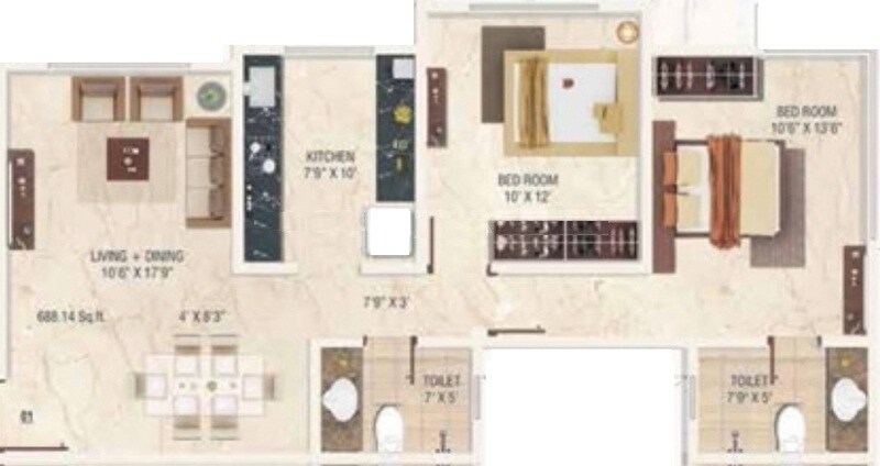 Floor plan of 2 BHK 712 Sq. Ft. Apartment in Paranjape Schemes Prayog, Mumbai