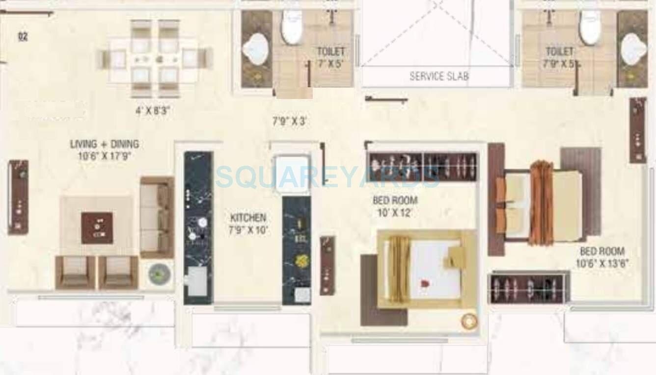 Floor plan of 2 BHK 818 Sq. Ft. Apartment in Paranjape Schemes Prayog, Mumbai