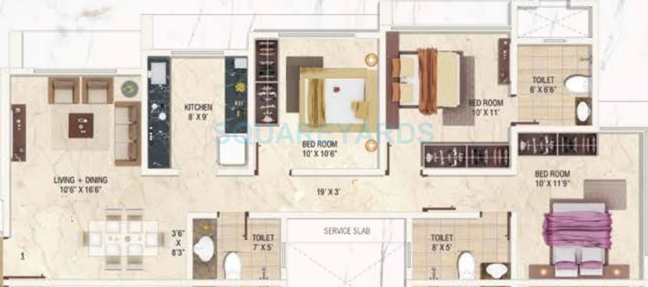 Floor plan of 3 BHK 839 Sq. Ft. Apartment in Paranjape Schemes Prayog, Mumbai