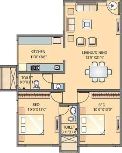 Floor plan of 2 BHK 733 Sq. Ft. Apartment in Paranjape Schemes Snehdeep, Mumbai
