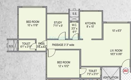 Floor plan of 2 BHK 750 Sq. Ft. Apartment in Paranjape Schemes Vighna Rajendra, Mumbai